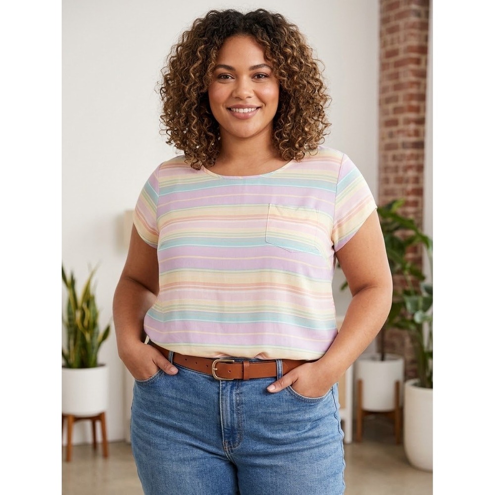 Cynthia Rowley Woman Pastel Stripe Short Sleeve Blouse Plus Size 1X Multi Color
